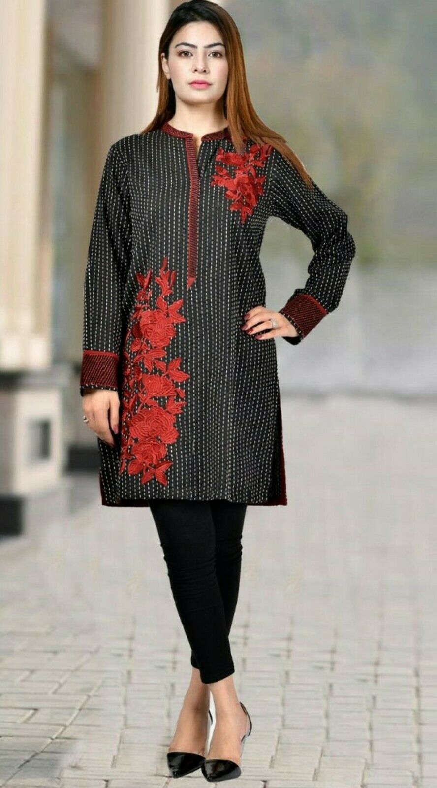 Stitched Ladies Shalwar Kameez Black Linen Pakistani/Indian Kurta Salwar 2 Piece 